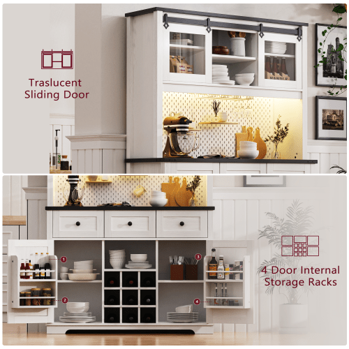 Bellemave® 71" Farmhouse Pantry Bar Cabinet with Internal Storage Rack,Sliding Door,Power Outlet,Pegboard,Wine & Glasses Rack,3 Drawers - Bellemave