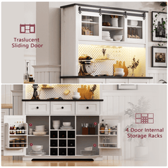 Bellemave® 71" Farmhouse Pantry Bar Cabinet with Internal Storage Rack,Sliding Door,Power Outlet,Pegboard,Wine & Glasses Rack,3 Drawers - Bellemave