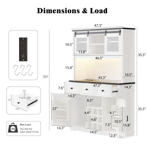 Bellemave® 71" Farmhouse Pantry Bar Cabinet with Internal Storage Rack,Sliding Door,Power Outlet,Pegboard,Wine & Glasses Rack,3 Drawers - Bellemave
