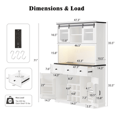 Bellemave® 71" Farmhouse Pantry Bar Cabinet with Internal Storage Rack,Sliding Door,Power Outlet,Pegboard,Wine & Glasses Rack,3 Drawers - Bellemave