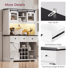 Bellemave® 71" Farmhouse Pantry Bar Cabinet with Internal Storage Rack,Sliding Door,Power Outlet,Pegboard,Wine & Glasses Rack,3 Drawers - Bellemave
