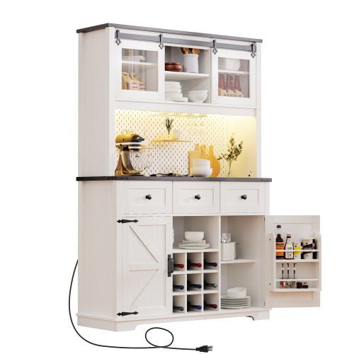Bellemave® 71" Farmhouse Pantry Bar Cabinet with Internal Storage Rack,Sliding Door,Power Outlet,Pegboard,Wine & Glasses Rack,3 Drawers - Bellemave