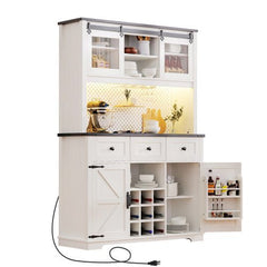 Bellemave® 71" Farmhouse Pantry Bar Cabinet with Internal Storage Rack,Sliding Door,Power Outlet,Pegboard,Wine & Glasses Rack,3 Drawers - Bellemave