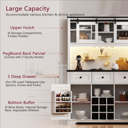 Bellemave® 71" Farmhouse Pantry Bar Cabinet with Internal Storage Rack,Sliding Door,Power Outlet,Pegboard,Wine & Glasses Rack,3 Drawers - Bellemave