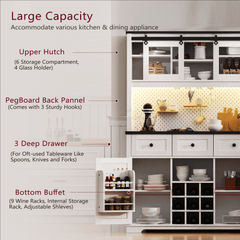 Bellemave® 71" Farmhouse Pantry Bar Cabinet with Internal Storage Rack,Sliding Door,Power Outlet,Pegboard,Wine & Glasses Rack,3 Drawers - Bellemave