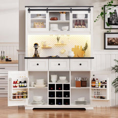 Bellemave® 71" Farmhouse Pantry Bar Cabinet with Internal Storage Rack,Sliding Door,Power Outlet,Pegboard,Wine & Glasses Rack,3 Drawers - Bellemave