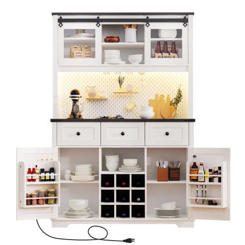 Bellemave® 71" Farmhouse Pantry Bar Cabinet with Internal Storage Rack,Sliding Door,Power Outlet,Pegboard,Wine & Glasses Rack,3 Drawers - Bellemave