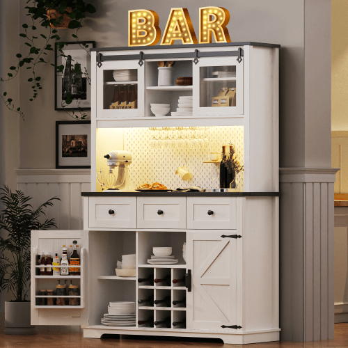 Bellemave® 71" Farmhouse Pantry Bar Cabinet with Internal Storage Rack,Sliding Door,Power Outlet,Pegboard,Wine & Glasses Rack,3 Drawers - Bellemave
