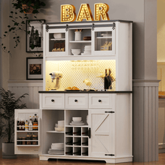 Bellemave® 71" Farmhouse Pantry Bar Cabinet with Internal Storage Rack,Sliding Door,Power Outlet,Pegboard,Wine & Glasses Rack,3 Drawers - Bellemave
