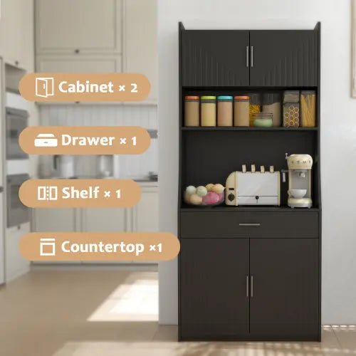 Bellemave® 71" Kitchen Storage Cabinet with Charging Station,Pantry with 2 Cabinet ,1 large storage drawer & 1 Large Countertop - Bellemave