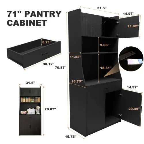 Bellemave® 71" Kitchen Storage Cabinet with Charging Station,Pantry with 2 Cabinet ,1 large storage drawer & 1 Large Countertop - Bellemave