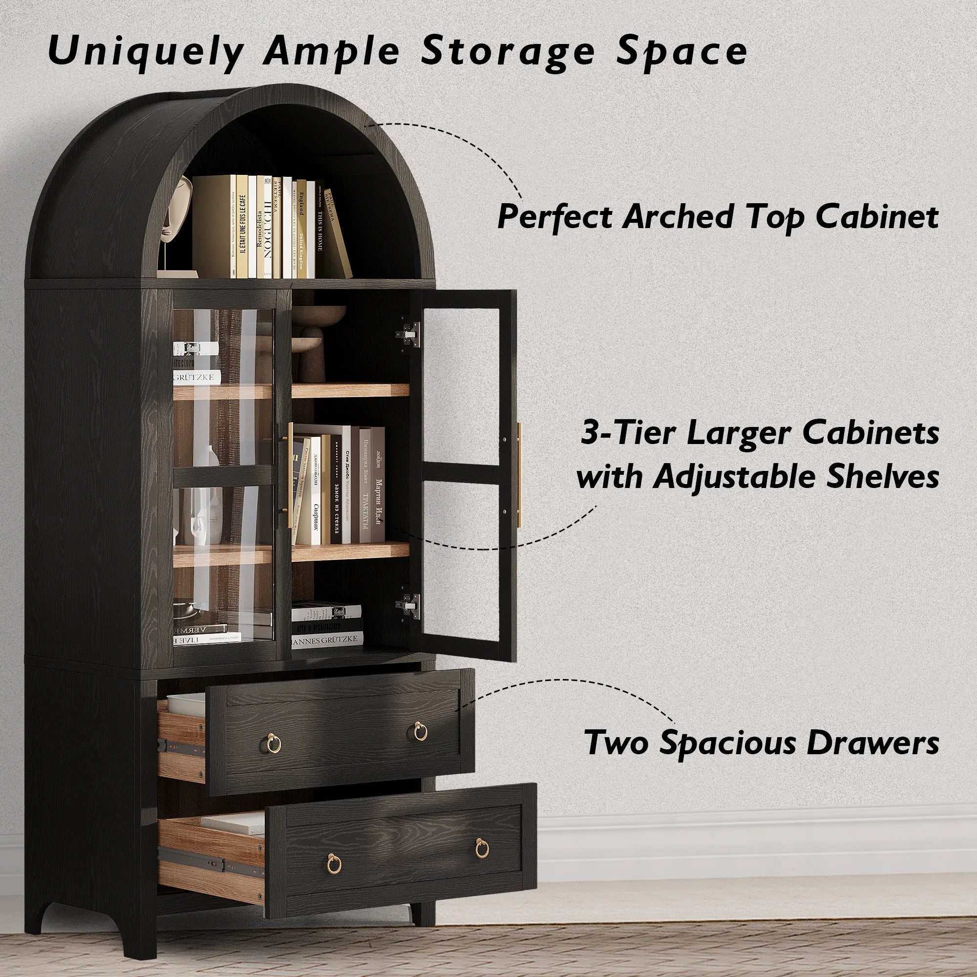 Bellemave® 71" Tall Arched Kitchen Pantry Cabinet with 2 Large Drawers, Adjustable Shelves, Glass Door - Bellemave