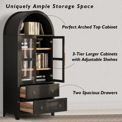 Bellemave® 71" Tall Arched Kitchen Pantry Cabinet with 2 Large Drawers, Adjustable Shelves, Glass Door - Bellemave
