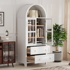 Bellemave® 71" Tall Arched Kitchen Pantry Cabinet with 2 Large Drawers, Adjustable Shelves, Glass Door - Bellemave