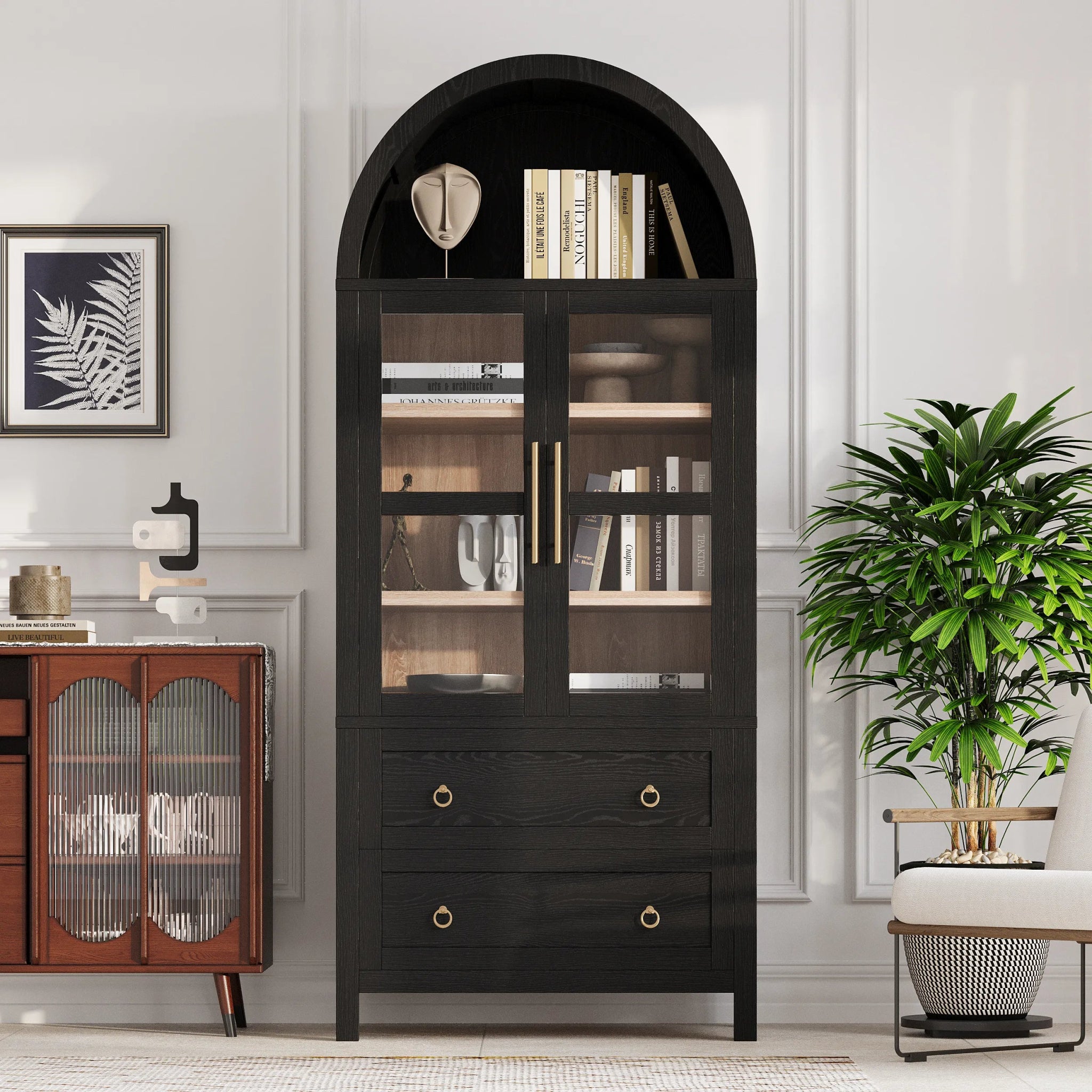 Bellemave® 71" Tall Arched Kitchen Pantry Cabinet with 2 Large Drawers, Adjustable Shelves, Glass Door - Bellemave