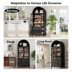 Bellemave® 71" Tall Arched Kitchen Pantry Cabinet with 2 Large Drawers, Adjustable Shelves, Glass Door - Bellemave
