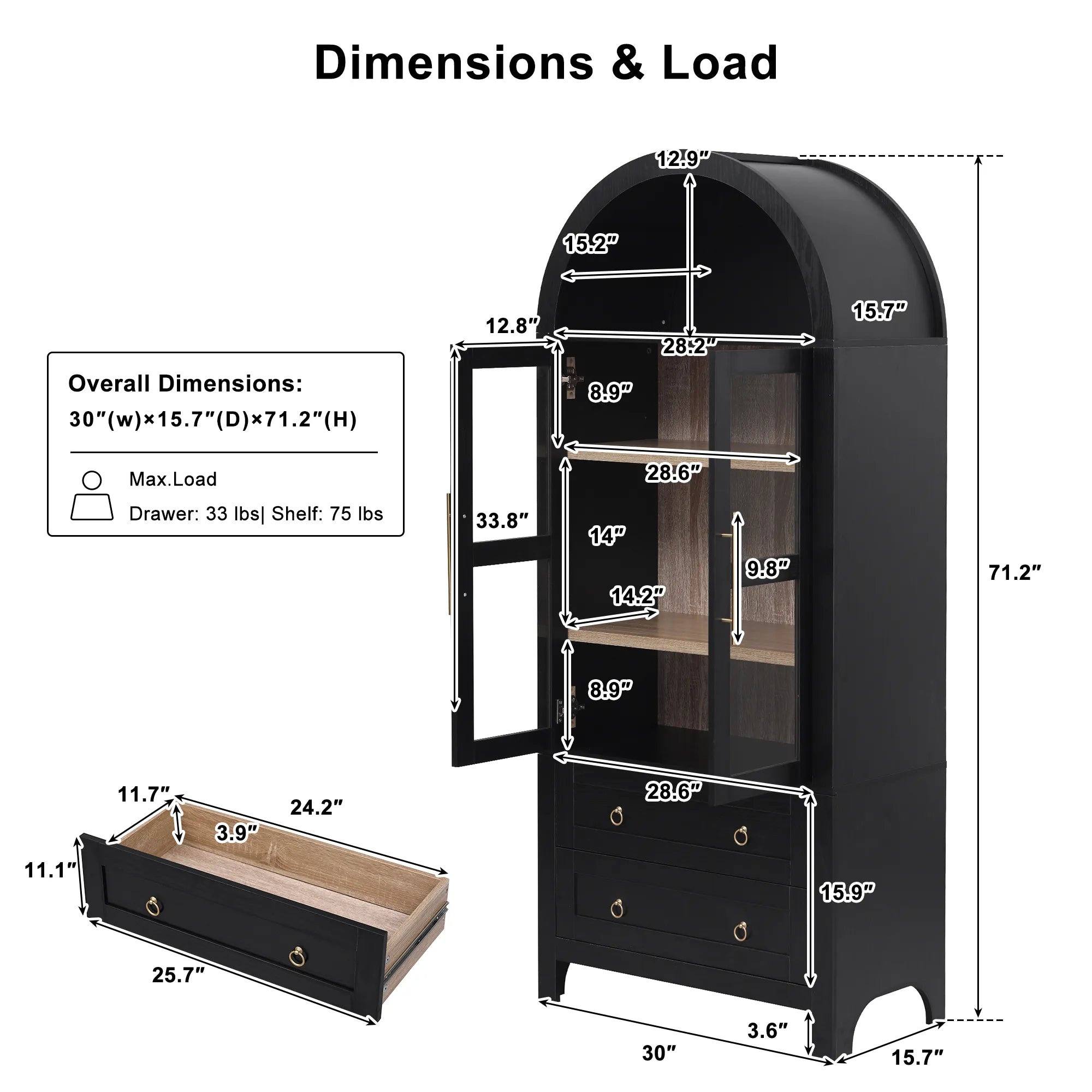 Bellemave® 71" Tall Arched Kitchen Pantry Cabinet with 2 Large Drawers, Adjustable Shelves, Glass Door - Bellemave