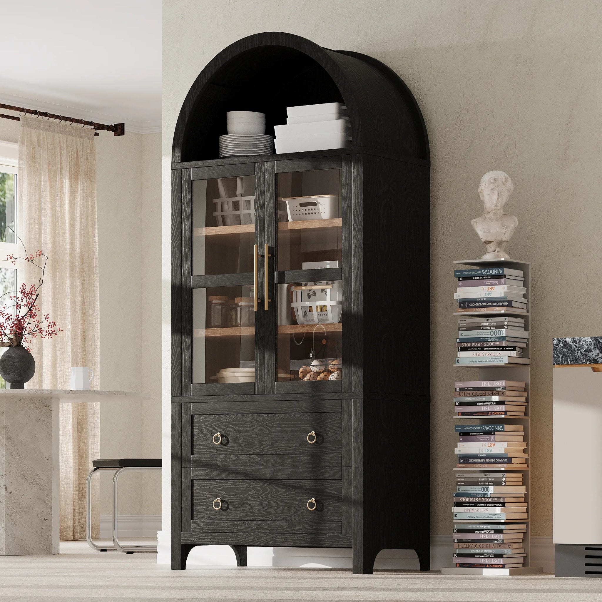 Bellemave® 71" Tall Arched Kitchen Pantry Cabinet with 2 Large Drawers, Adjustable Shelves, Glass Door - Bellemave