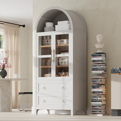 Bellemave® 71" Tall Arched Kitchen Pantry Cabinet with 2 Large Drawers, Adjustable Shelves, Glass Door - Bellemave