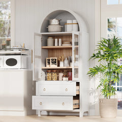 Bellemave® 71" Tall Arched Kitchen Pantry Cabinet with 2 Large Drawers, Adjustable Shelves, Glass Door - Bellemave