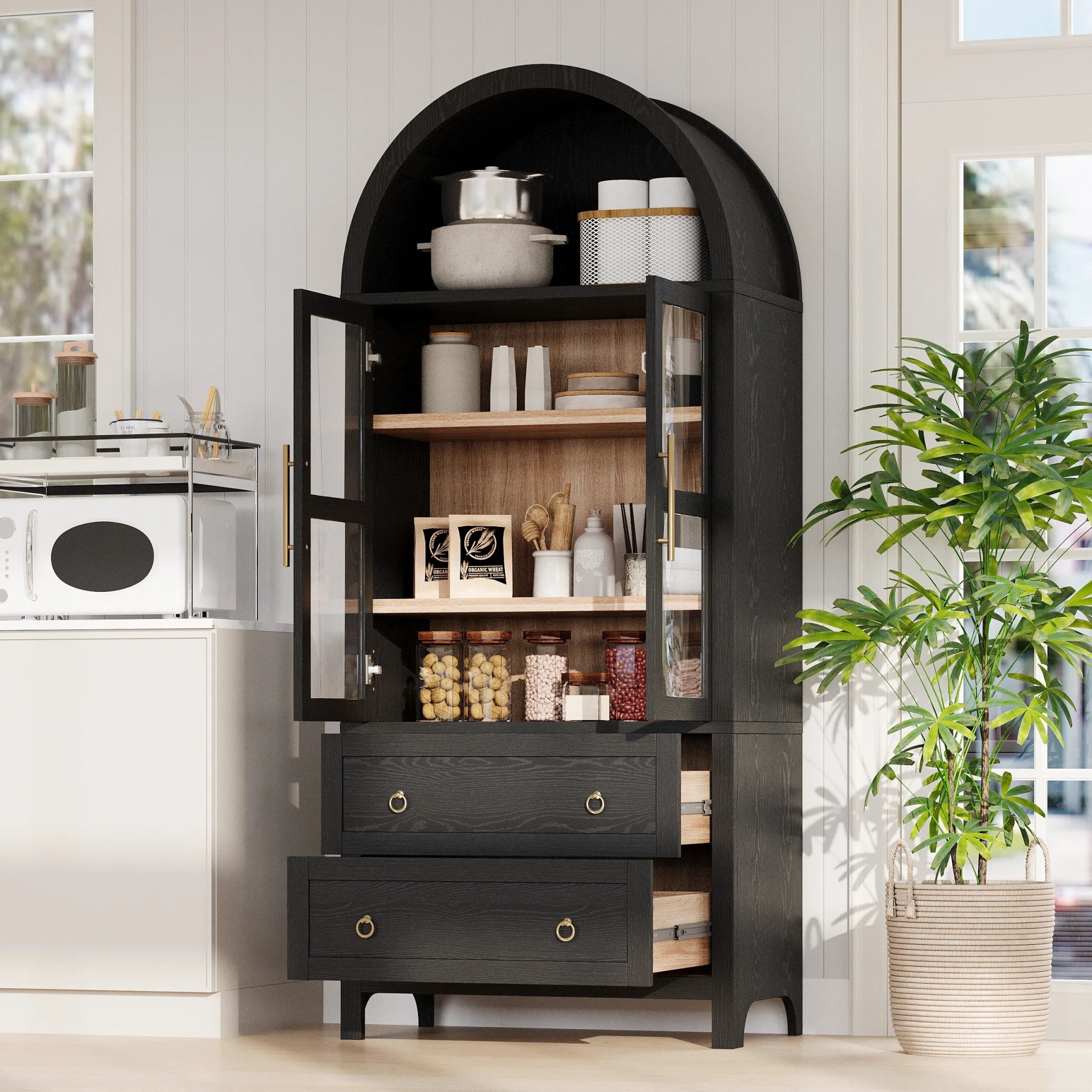 Bellemave® 71" Tall Arched Kitchen Pantry Cabinet with 2 Large Drawers, Adjustable Shelves, Glass Door - Bellemave