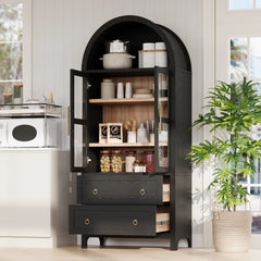 Bellemave® 71" Tall Arched Kitchen Pantry Cabinet with 2 Large Drawers, Adjustable Shelves, Glass Door - Bellemave