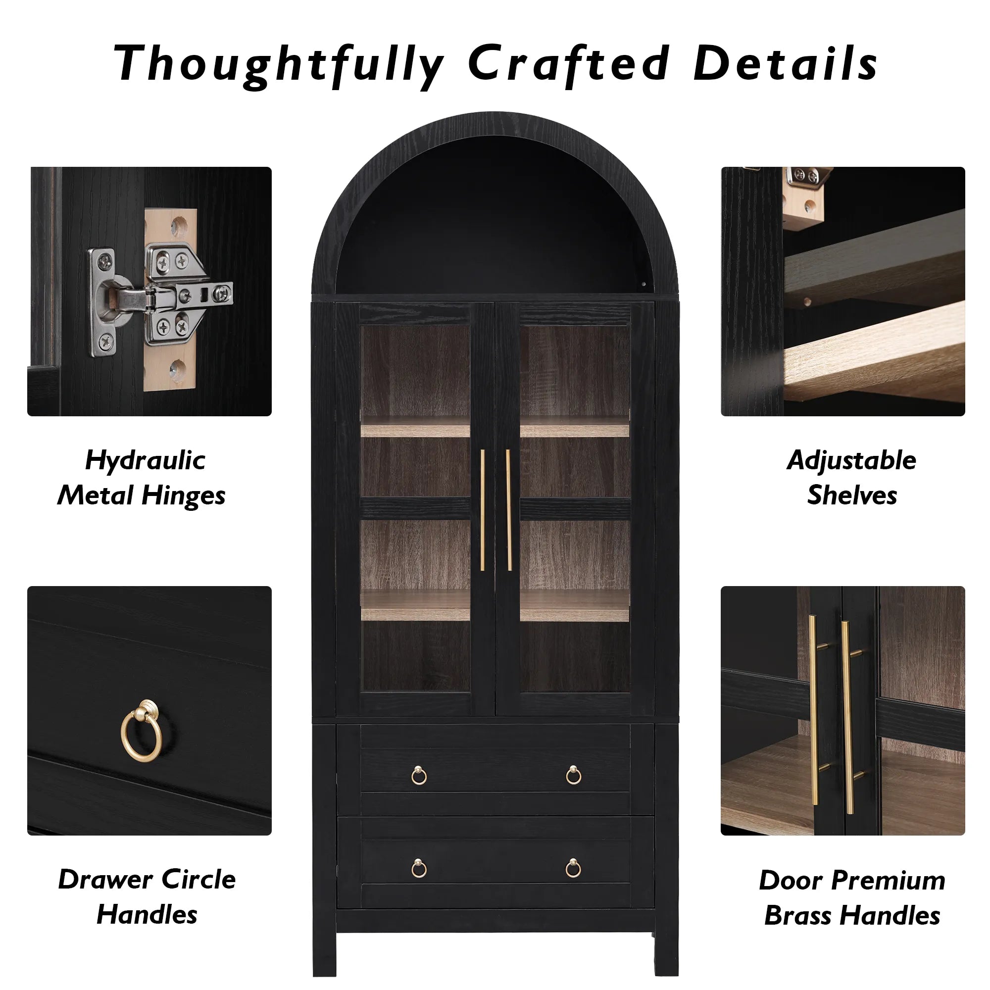 Bellemave® 71" Tall Arched Kitchen Pantry Cabinet with 2 Large Drawers, Adjustable Shelves, Glass Door - Bellemave