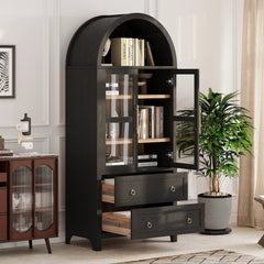 Bellemave® 71" Tall Arched Kitchen Pantry Cabinet with 2 Large Drawers, Adjustable Shelves, Glass Door - Bellemave