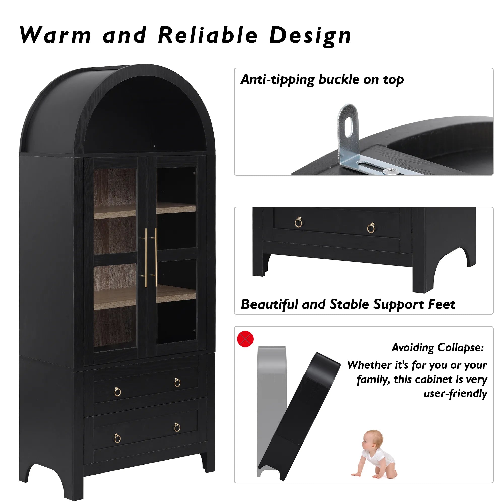 Bellemave® 71" Tall Arched Kitchen Pantry Cabinet with 2 Large Drawers, Adjustable Shelves, Glass Door - Bellemave