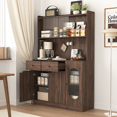 Bellemave® 71"Tall Kitchen Pantry Storage Cabinet with Reeded Glass Doors and Microwave Stand - Bellemave