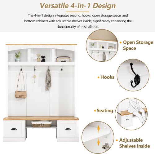 Bellemave® 73.3" Farmhouse 4 - in - 1 Hall Tree with Wood Grain Bench and Top, Black Hooks and Shell Handles - Bellemave