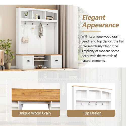 Bellemave® 73.3" Farmhouse 4 - in - 1 Hall Tree with Wood Grain Bench and Top, Black Hooks and Shell Handles - Bellemave
