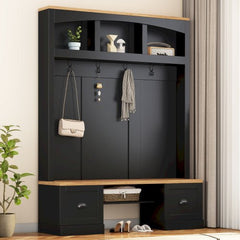 Bellemave® 73.3" Farmhouse 4 - in - 1 Hall Tree with Wood Grain Bench and Top, Black Hooks and Shell Handles - Bellemave