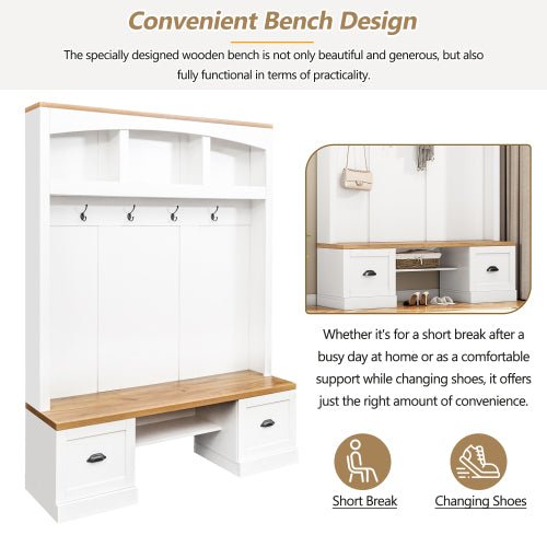 Bellemave® 73.3" Farmhouse 4 - in - 1 Hall Tree with Wood Grain Bench and Top, Black Hooks and Shell Handles - Bellemave