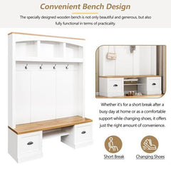 Bellemave® 73.3" Farmhouse 4 - in - 1 Hall Tree with Wood Grain Bench and Top, Black Hooks and Shell Handles - Bellemave