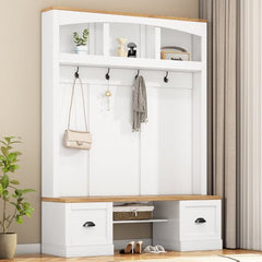 Bellemave® 73.3" Farmhouse 4 - in - 1 Hall Tree with Wood Grain Bench and Top, Black Hooks and Shell Handles - Bellemave