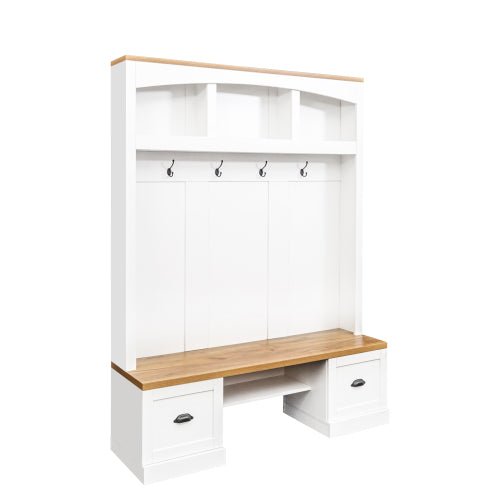 Bellemave® 73.3" Farmhouse 4 - in - 1 Hall Tree with Wood Grain Bench and Top, Black Hooks and Shell Handles - Bellemave