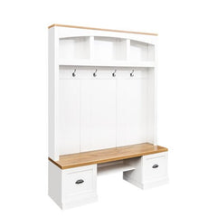 Bellemave® 73.3" Farmhouse 4 - in - 1 Hall Tree with Wood Grain Bench and Top, Black Hooks and Shell Handles - Bellemave
