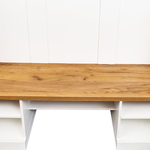 Bellemave® 73.3" Farmhouse 4 - in - 1 Hall Tree with Wood Grain Bench and Top, Black Hooks and Shell Handles - Bellemave