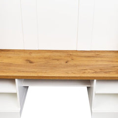 Bellemave® 73.3" Farmhouse 4 - in - 1 Hall Tree with Wood Grain Bench and Top, Black Hooks and Shell Handles - Bellemave