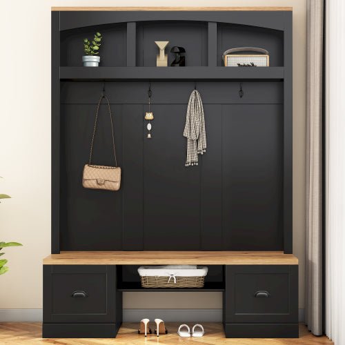 Bellemave® 73.3" Farmhouse 4 - in - 1 Hall Tree with Wood Grain Bench and Top, Black Hooks and Shell Handles - Bellemave