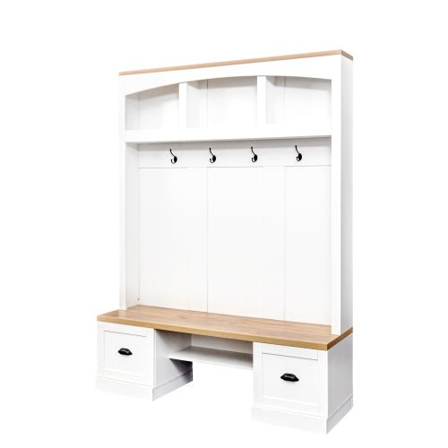 Bellemave® 73.3" Farmhouse 4 - in - 1 Hall Tree with Wood Grain Bench and Top, Black Hooks and Shell Handles - Bellemave