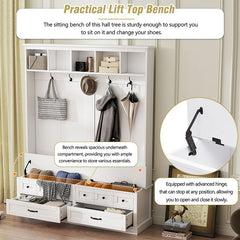 Bellemave® 74" Elegant Wide Hall Tree with 5 Hooks, Versatile Entryway Lift Top Storage Bench with 2 Drawers - Bellemave
