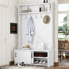 Bellemave® 74.8" Hall Tree with Top Shelf and Storage Bench, Hallway Shoe Cabinet with Sliding Doors and 5 Hanging Hooks - Bellemave