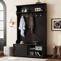 Bellemave® 74.8" Hall Tree with Top Shelf and Storage Bench, Hallway Shoe Cabinet with Sliding Doors and 5 Hanging Hooks - Bellemave