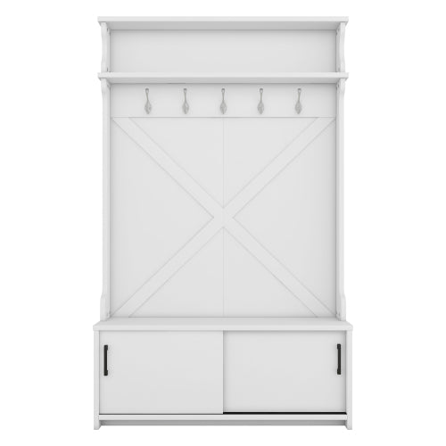 Bellemave® 74.8" Hall Tree with Top Shelf and Storage Bench, Hallway Shoe Cabinet with Sliding Doors and 5 Hanging Hooks - Bellemave