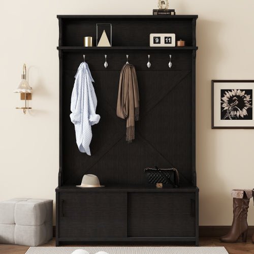 Bellemave® 74.8" Hall Tree with Top Shelf and Storage Bench, Hallway Shoe Cabinet with Sliding Doors and 5 Hanging Hooks - Bellemave