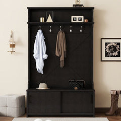Bellemave® 74.8" Hall Tree with Top Shelf and Storage Bench, Hallway Shoe Cabinet with Sliding Doors and 5 Hanging Hooks - Bellemave