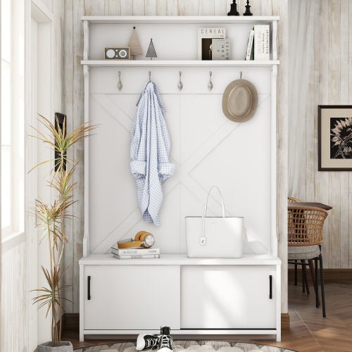 Bellemave® 74.8" Hall Tree with Top Shelf and Storage Bench, Hallway Shoe Cabinet with Sliding Doors and 5 Hanging Hooks - Bellemave