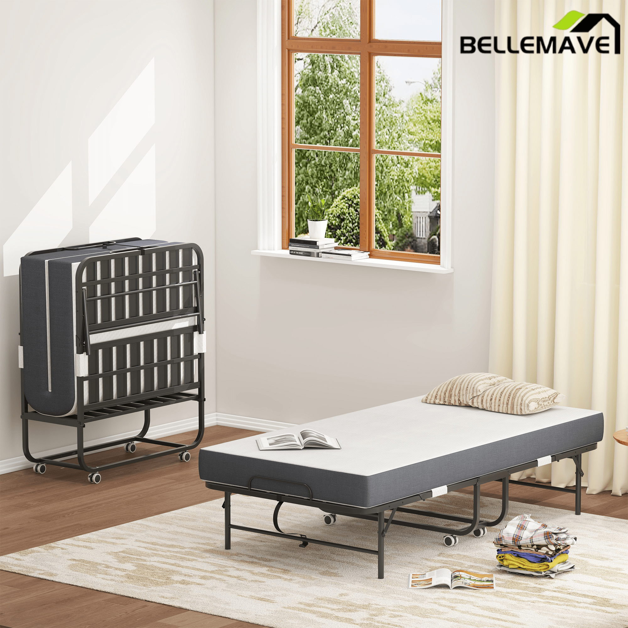 Bellemave® 75" x 31" Folding Bed with 5" Memory Foam Mattress, Storage Cover, Heavy - Duty Metal Foldable Bed Frame Supports 450lbs, Portable Rollaway Bed on Wheels, Ideal for Bedroom, Guest Room, Office - Bellemave